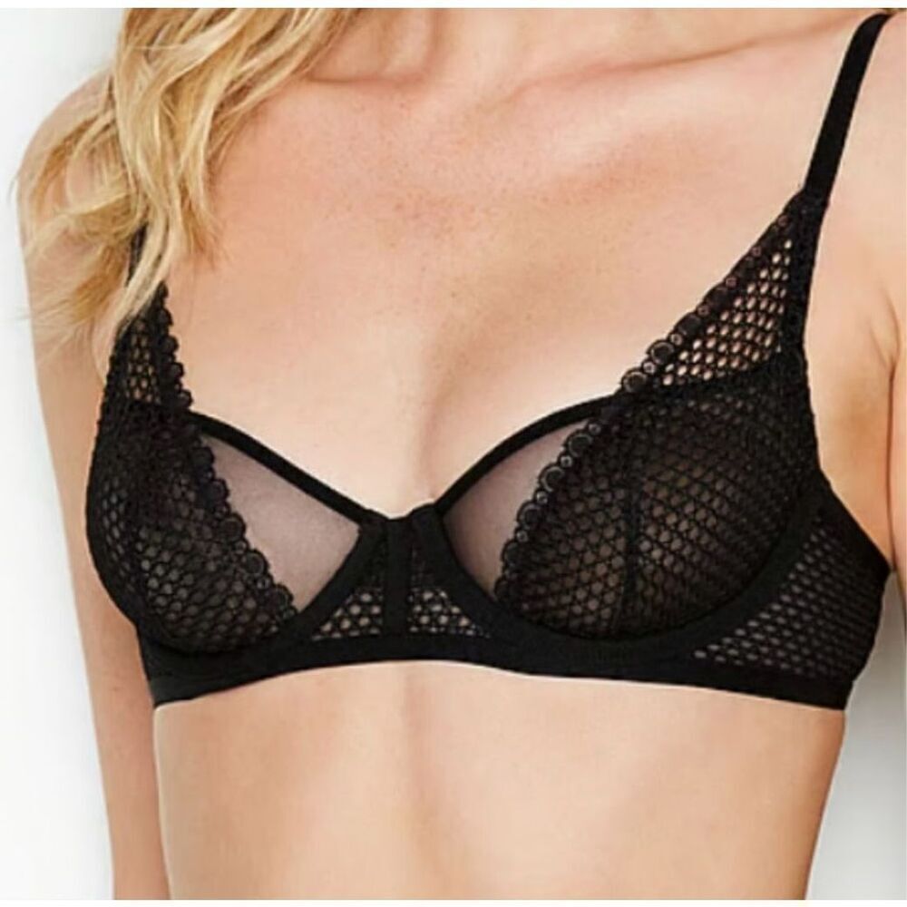 NEW Victoria’s Secret Luxe Unlined Fishnet Demi Bra size 32C‎ Black